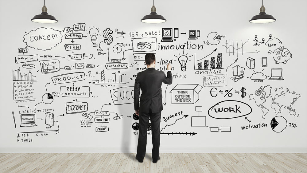 businssman drawing business concept on white wall